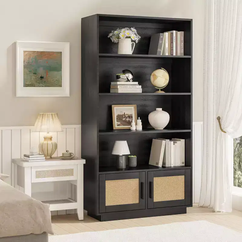 5-Tier Wooden Bookcase with Rattan Doors  Tall Bookshelf with Storage for Living Room, Bedroom, Home Office and Kitchen