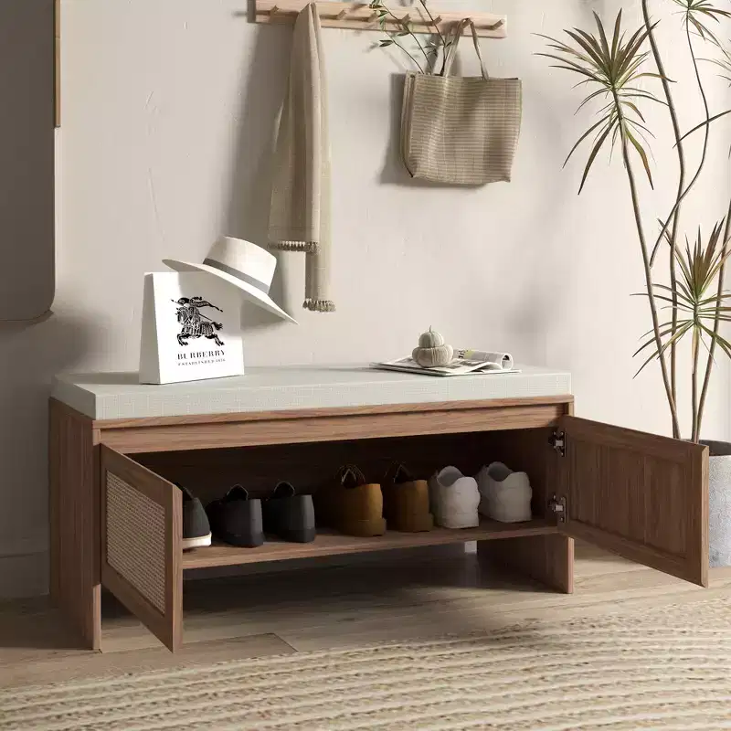 TUYOHW Boho Style PP Rattan Storage Shoe Bench with Cushion,Sturdy Wooden Entrayway Bench for Seating and Storage,2-Door Shoe Organizer