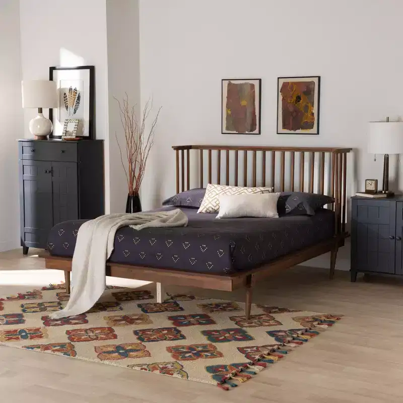 Baxton Studio Flint Mid-Century Modern Ash Walnut Finished Wood Platform Bed