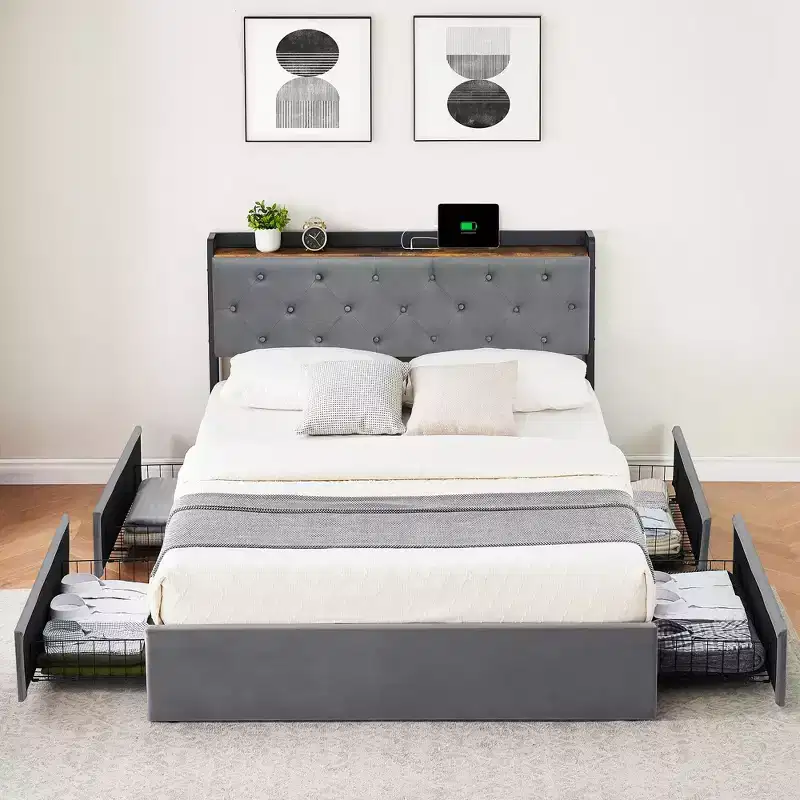 GustoWave Upholstered Bed Frame with Storage Drawers, Velvet Bed with Headboard Shelf, Metal Slats Support, No Box Spring Needed