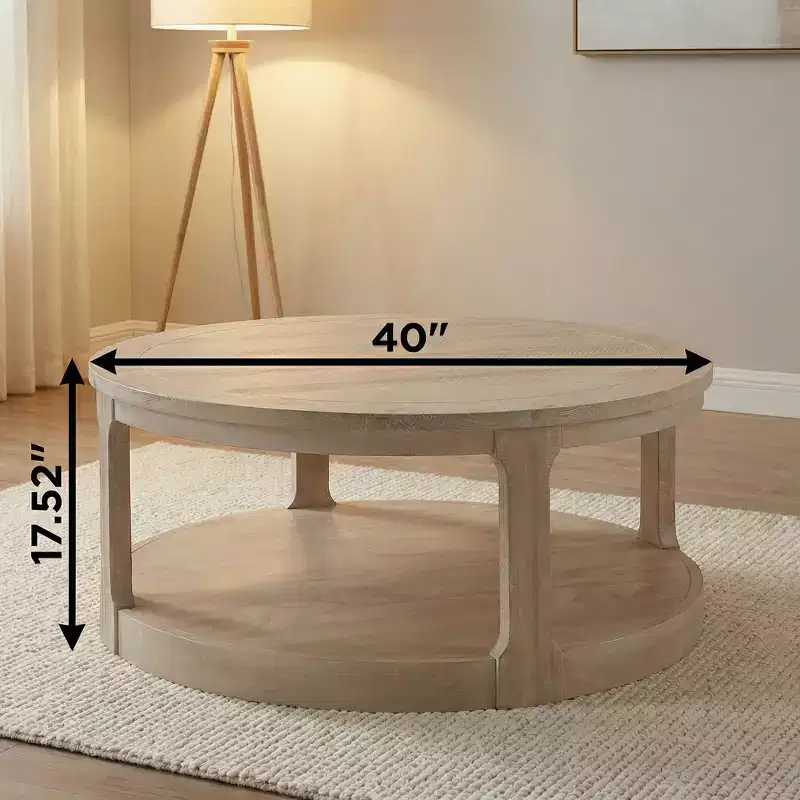 JVNOXK 40-inch oversized curved double-layer traditional round wooden center coffee table with casters, mid-century rustic style table