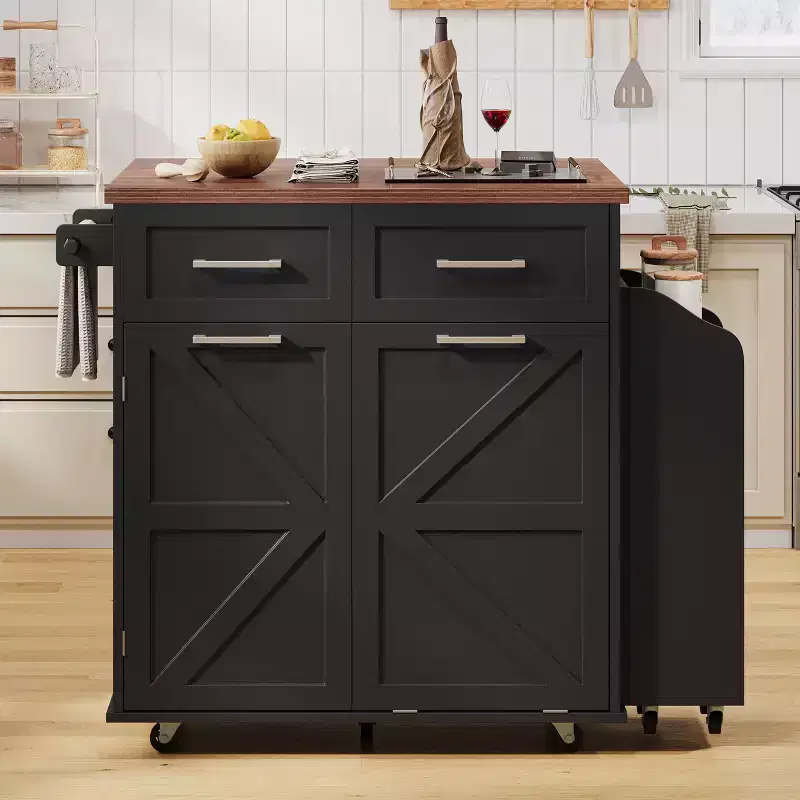 Okak Farmhouse Kitchen Island with Drop Leaf, Kitchen Island Cart with Removable Side Racks and Towel Rack, Kitchen Cart for Home