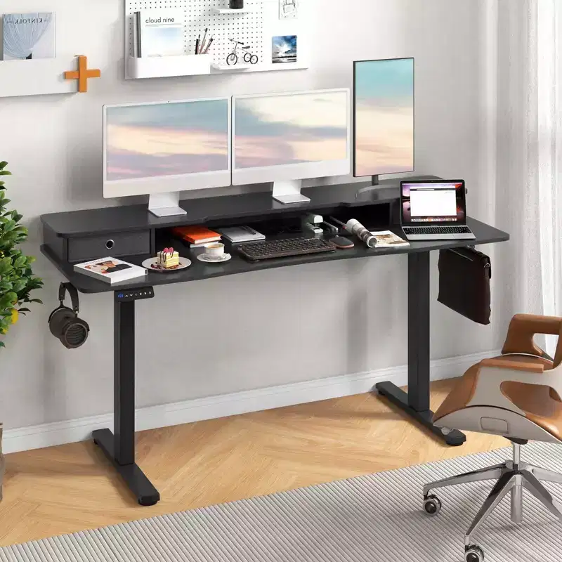 Costway 63 x 24 Electric Standing Desk with 2 Drawers Monitor Stand Storage Shelf Brown/Black/White
