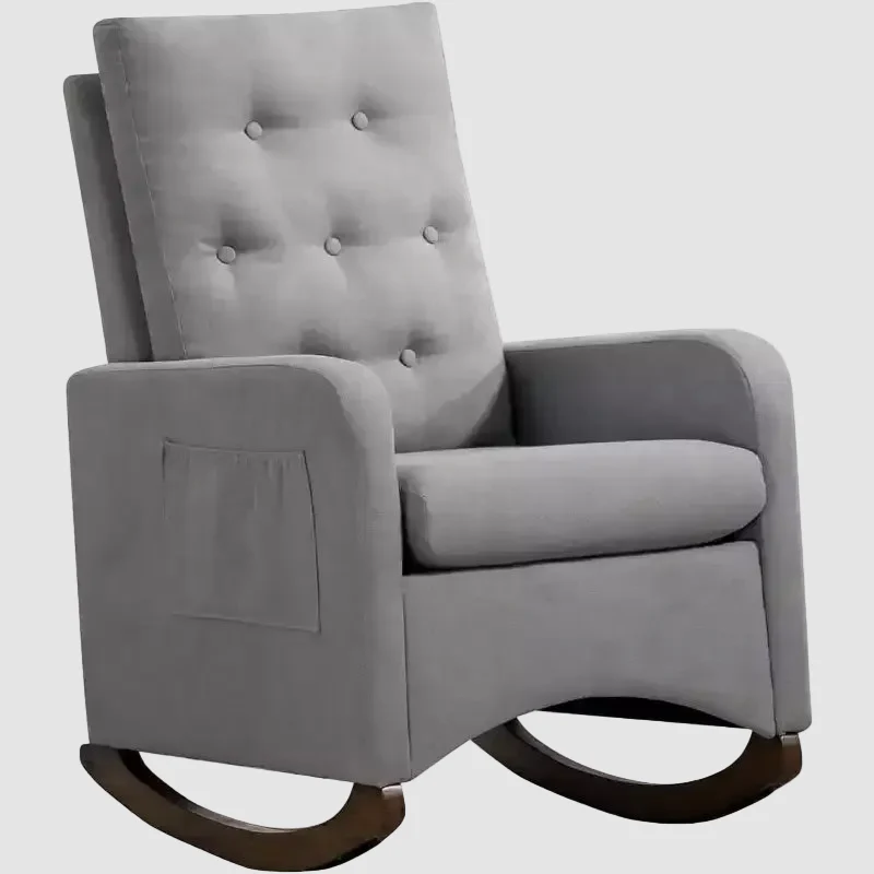 Nursery Rocking Chair, Comfy Upholstered Glider Rocker Armchair with Rubber Wood Legs High Back and Side Pocket for Living Room Bedroom