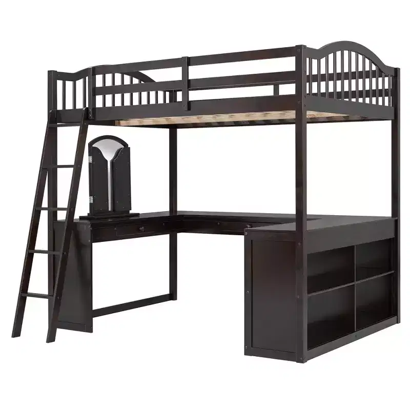 Full Size Wood Loft Bed with Built-In U-Shaped Desk, Vanity & Storage Shelves