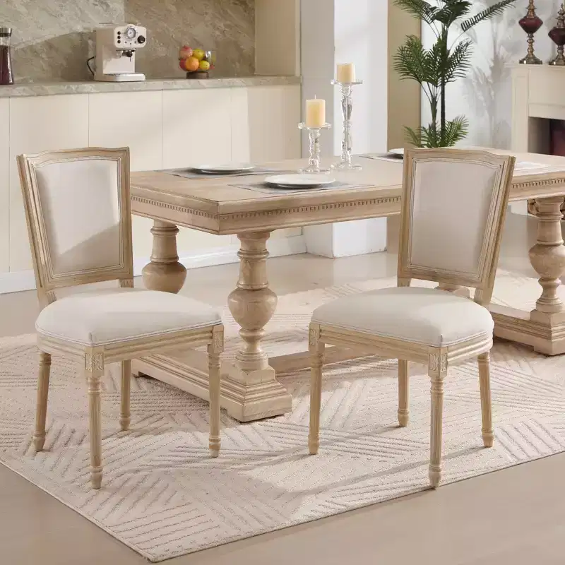 French Country Dining Chairs Set of 2, Upholstered T-Back, Wire Drawing Carving, Disassemblable, Beige