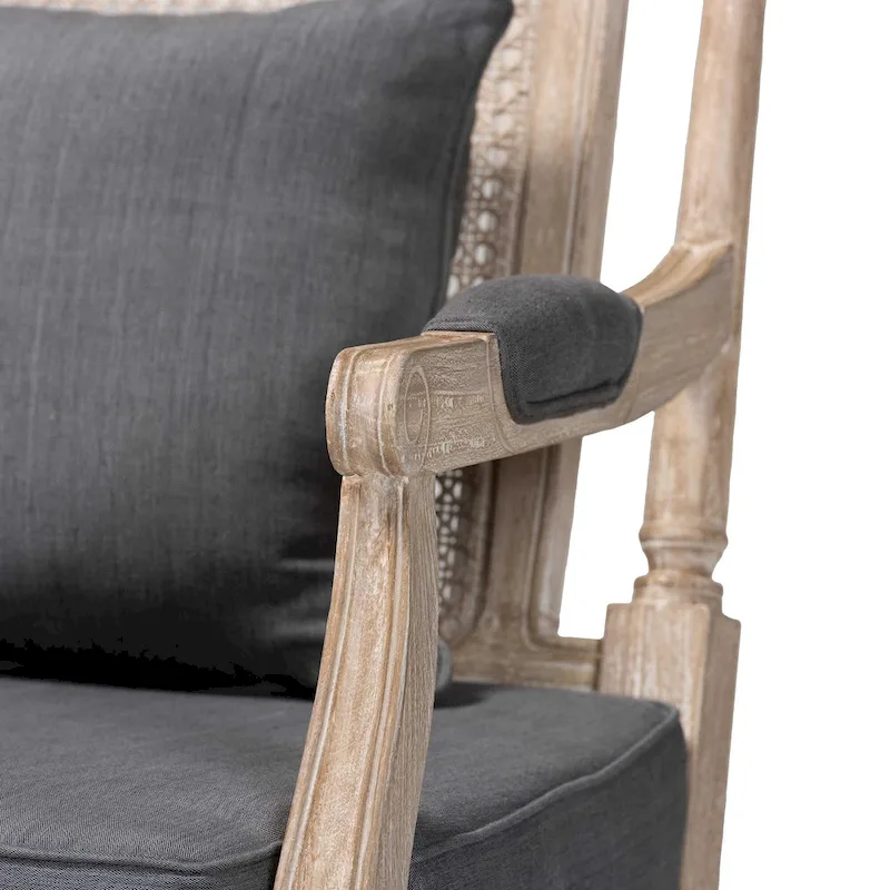 Ivory French Provincial Armchair, Single Seat, Carved Mahogany & Rattan