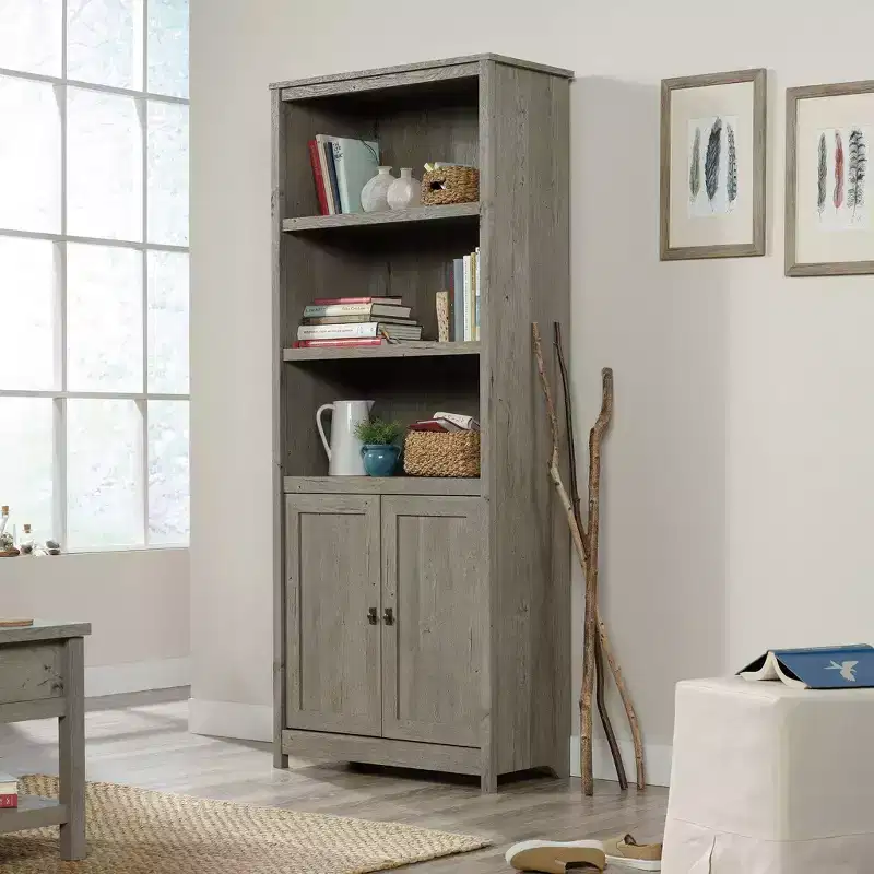 Cottage Road Library with Doors Mystic Oak - Sauder: Adjustable Shelves, Hidden Storage