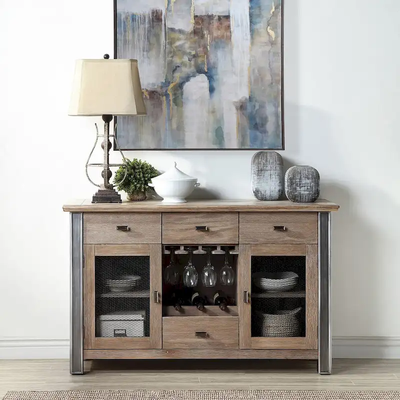 Maple Finish Dining Server with 4 Drawers & 2 Mesh-Front Doors – 56.5W x 18.5D x 36.5H