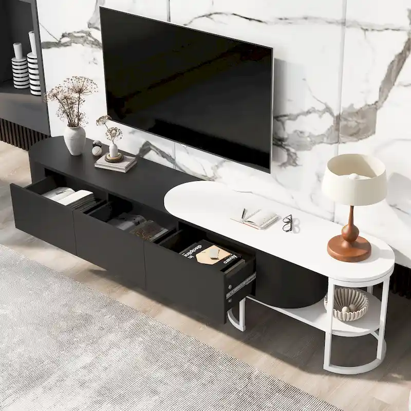 Extendable TV Stand with 3 Drawers and Metal Adjustable Legs (Fits TVs up to 75 Inches)