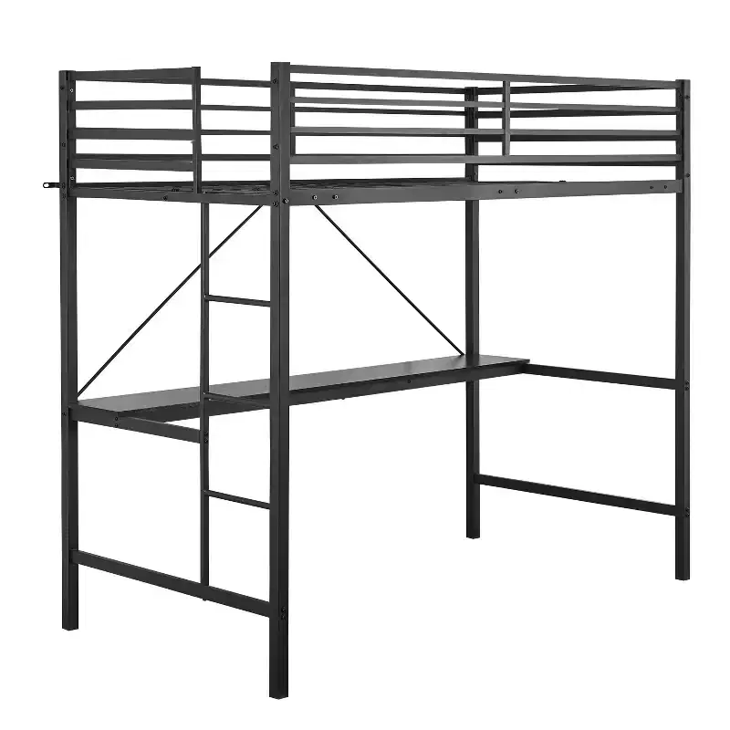 Emma and Oliver Metal Loft Bed Frame with Desk, Protective Guard Rails and Ladder for Kids, Teens and Adults