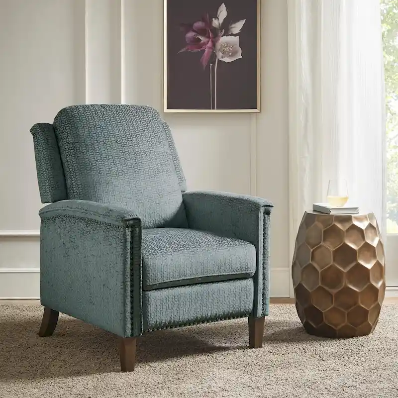 High-Back Push-Back Recliner Chair with Nailhead Trim – Grey, 1-Person Use