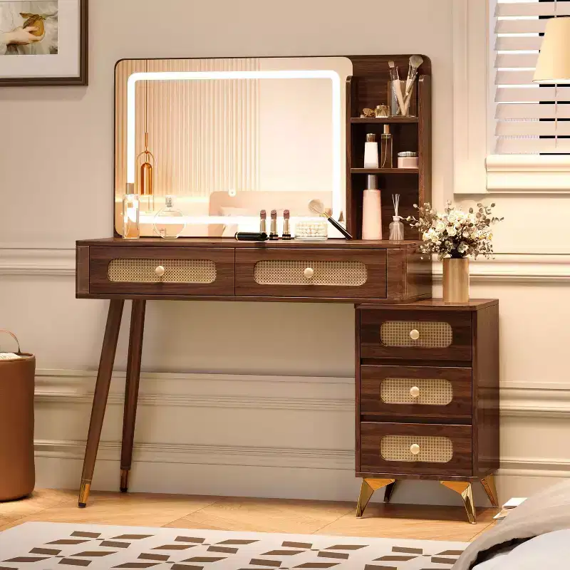 Okak 47IN Makeup Vanity with 3 Mode Adjustable Mirror, Vanity Desk with Rattan Drawer Design, Vanity Table for Bedroom, Living Room