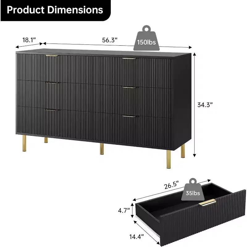 6-Drawer Dresser with Gold Handles – Modern Wood Chest for Bedroom