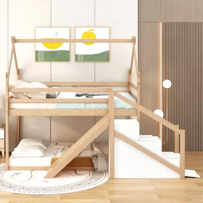 Twin over Twin House Bunk Bed with Slide and Staircase