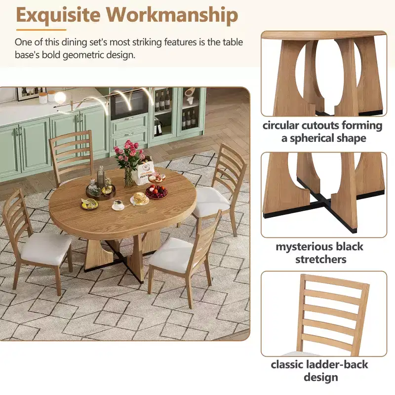Whisen 5-Piece Retro Rustic Functional Dining Set with 1 Extendable Table and 4 Upholstered Chairs