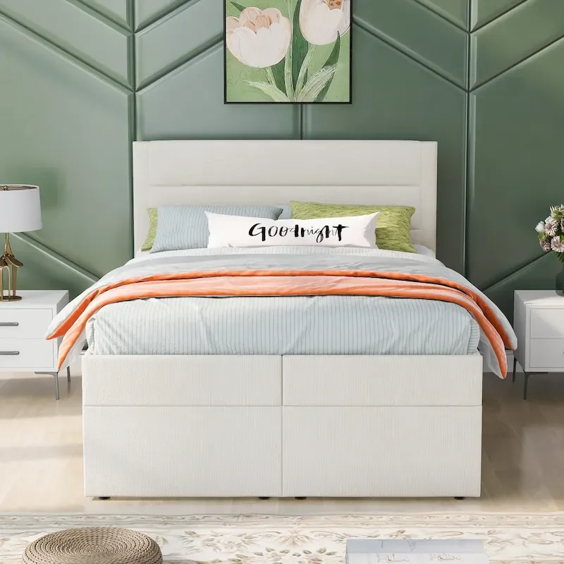 Full-Size Linen Upholstered Platform Bed with Hydraulic Under-Bed Storage – Beige / Grey, 2-Person Use