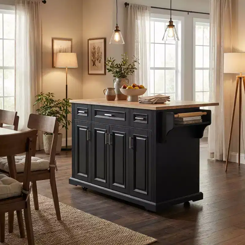 Homy Casa Rolling Kitchen Island with Wood Top and Storage Cabinets, Black