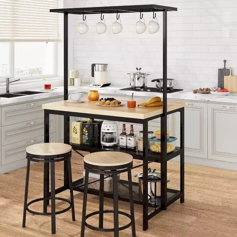 42 Kitchen Island - Microwave Stand & Baker's Rack with 3-Tier Storage Shelves, 5 Hooks & Removable Top (Natural)