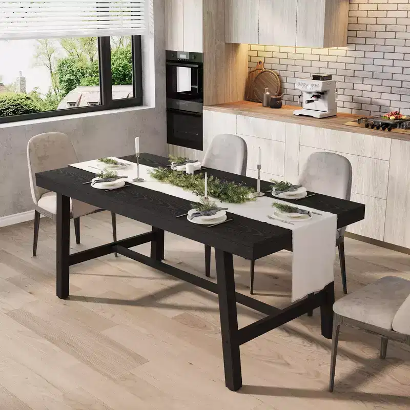 Industrial Dining Table for 4-6 People, 63 Long Wooden Kitchen Table with Sturdy Metal Frame & Rustic Brown Finish - Seats 4 Rectangular Counter