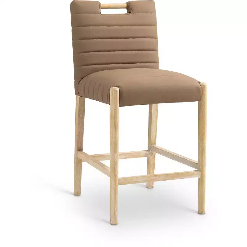 Brown Vegan Leather Counter Stool with Natural Oak Finish Base