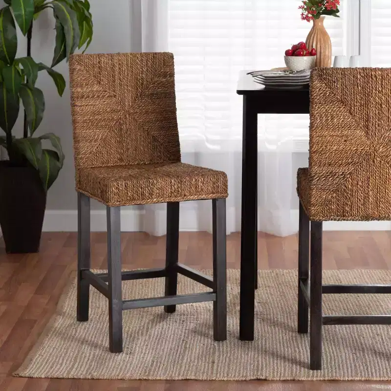 Mahogany Wood & Seagrass Counter Height Barstool – Natural Brown/Dark Brown