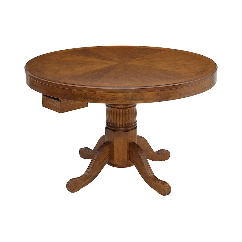 47 Inch Round Poker, Game, Dining Table, Cup Holders, Chip Trays, Oak Brown