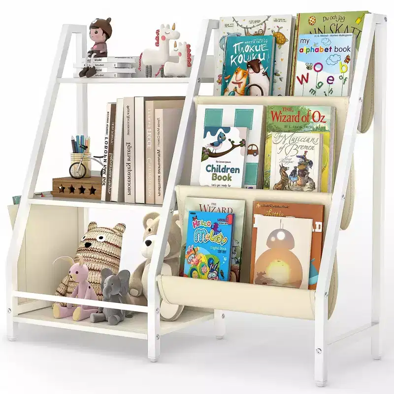 Kids Bookshelf and Toy Organizer, 3-Tier Wooden Book Rack with Sling Fabric Storage, Toddler Reading Shelf for Playroom