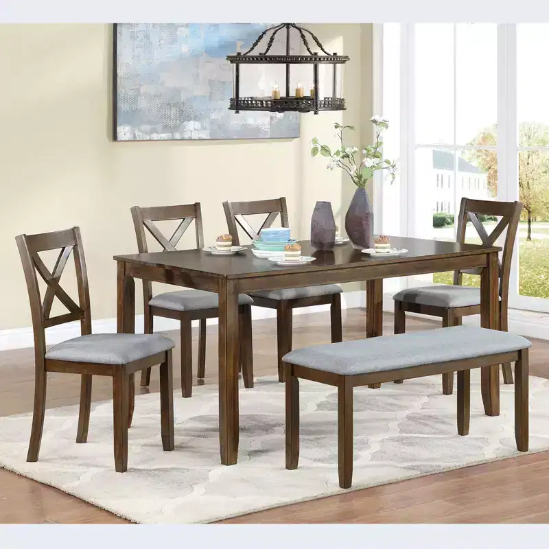 6-Piece Dining Set: Rectangular Wood Table, 4 Upholstered Chairs, Bench for Home Kitchen, Living Room, Bar
