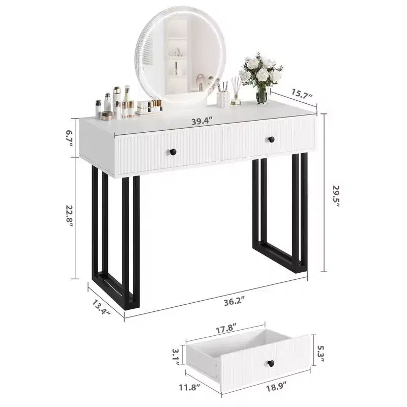 GustoWave Vanity Desk with Mirror and Lights, Small Makeup Vanity with Drawers, Modern Vanity Organizer with 3 Color Lights, Dressing Table