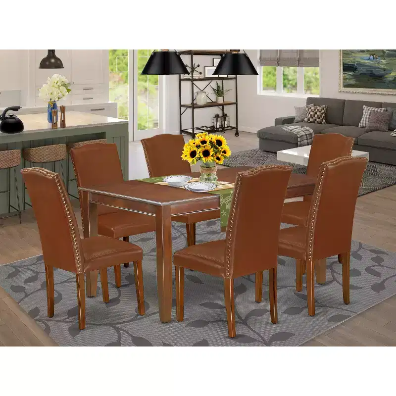 HomeStock 7 Piece Kitchen Table Set Brown Faux Leather Chairs Parsons Style
