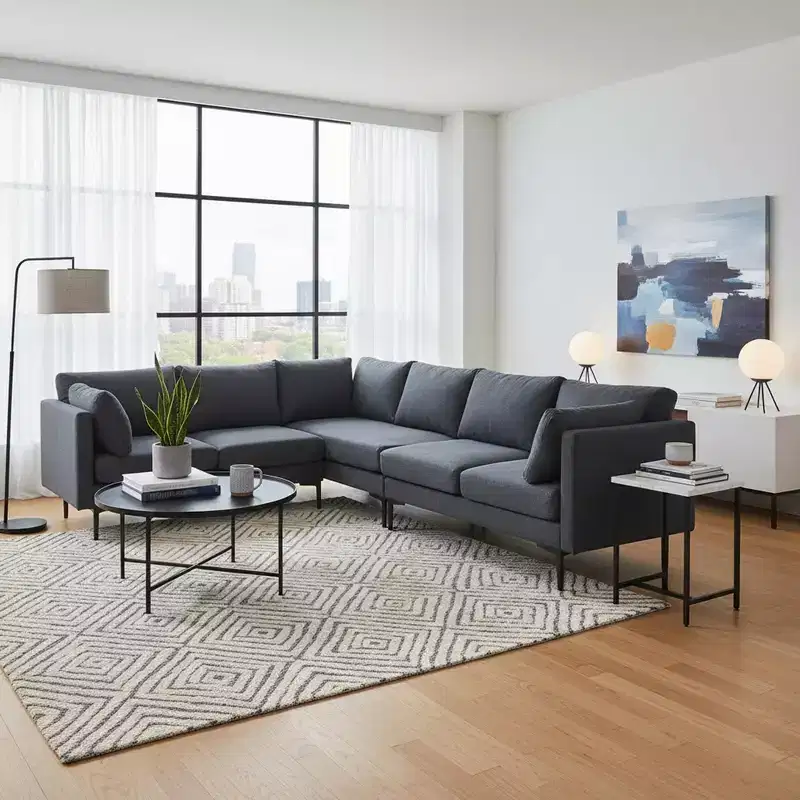 Homy Casa 106 L-Shaped Sectional Sofa, 6-Seat Modern Linen Fabric Couch with Metal Legs and 2 Pillows, Corner Living Room Seating, Dark Gray