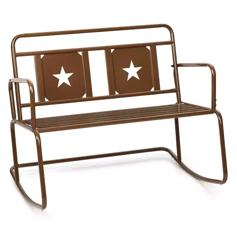 2-Person Iron Rocking Chair - Liver Color Patio Glider with Star Design