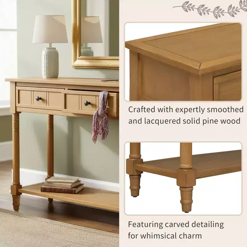 Traditional Entryway Console Table with 2 Drawers and Bottom Shelf, Solid Pine Wood