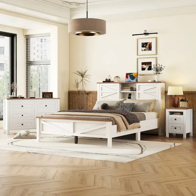 3-Pieces Bedroom Sets Queen Size Platform Bed with Storage Nightstand and Dresser