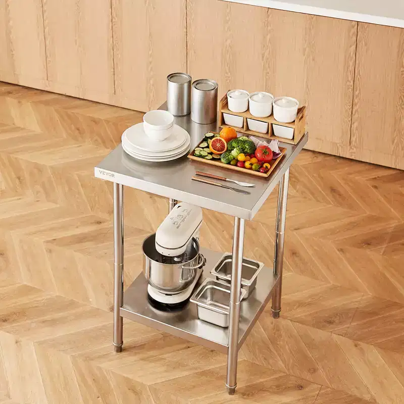 VEVOR Stainless Steel Prep Table, 24 x 24 x 34 Inch, 700 lbs Load Capacity, Heavy Duty Metal Worktable with 3 Adjustable Height Levels