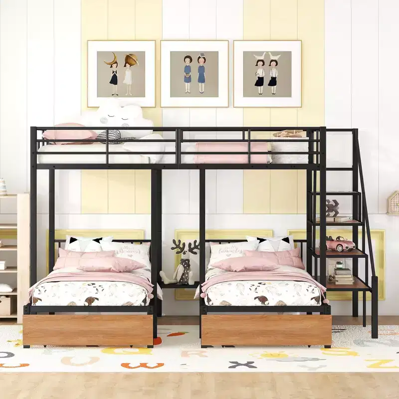 Full over Twin-Twin Triple Bunk Bed with Drawers & Staircase