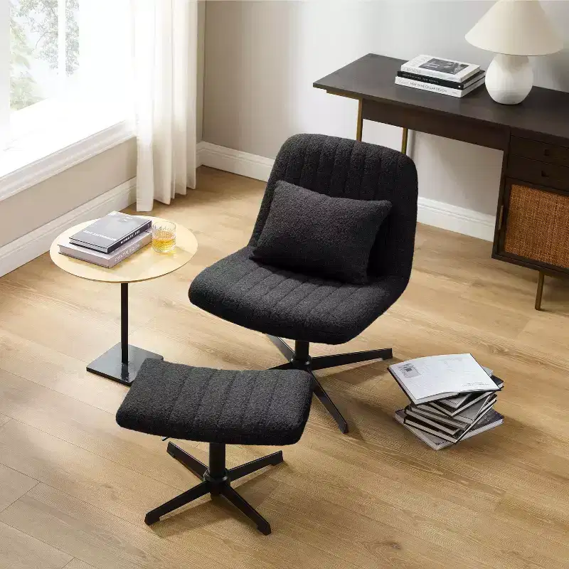 Art Leon Swivel Accent Chair, Desk Chair No Wheels, Modern Boucle Fabric Upholstered Armless Chair with Footrest