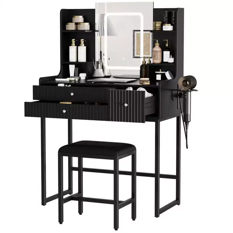 Fluted Vanity Desk with Mirror & Lights, Small Makeup Table with Power Outlet, 3 Drawers & 4 Shelves for Bedroom