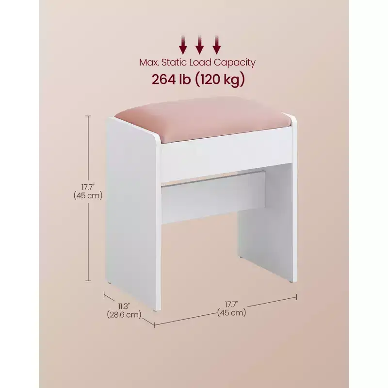 VASAGLE KAILYN Collection - Velvet Vanity Stool, Upholstered Makeup Stool, Footrest with Anti-Slip Pads, Matte White and Jelly Pink