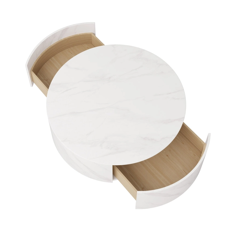 Modern Drum Coffee Table with Oak Veneer, Sintered Stone Coffee Table with 2 Solid Wood Drawers