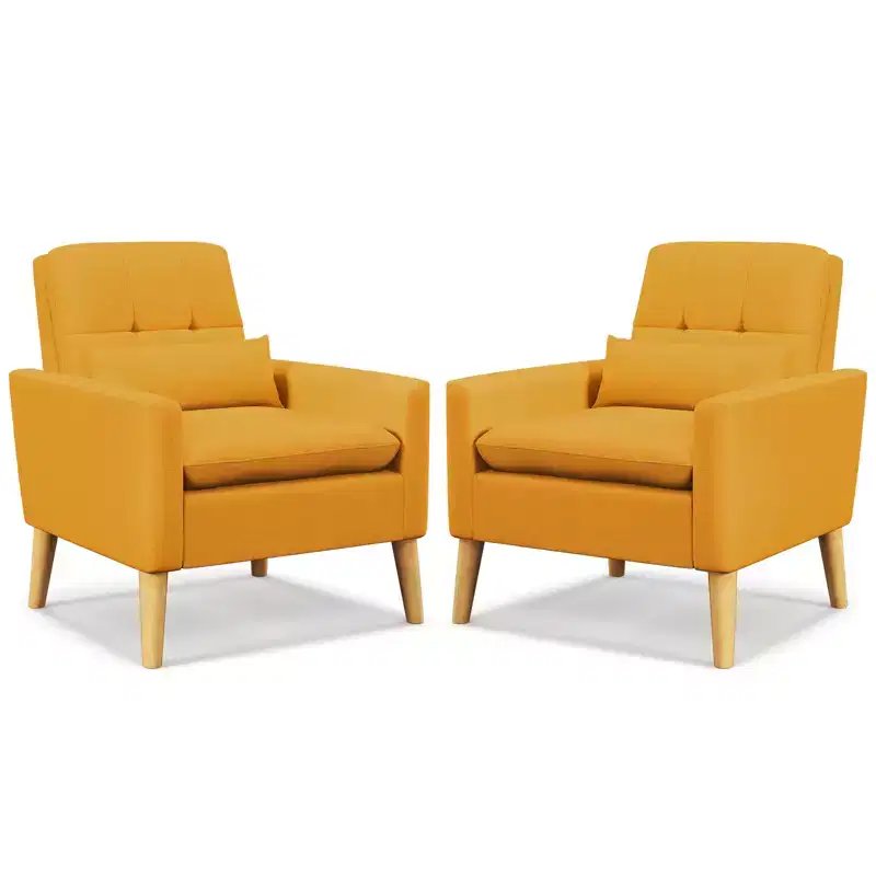 Costway Accent Chair Upholstered Tufted Armchair with Lumbar Pillow Natural Rubber Wood Legs 2pcs