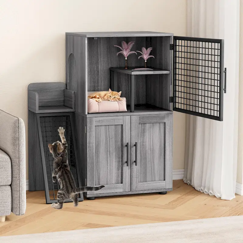 Modern Double Layer Cat Litter Box Enclosure, Hidden Cat Litter Box