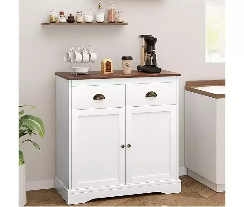 Farmhouse White Buffet Cabinet with Storage, Kitchen Sideboard with 2 Doors and 2 Drawers, Wooden Coffee Bar Cabinet for Dining Room, Living Room