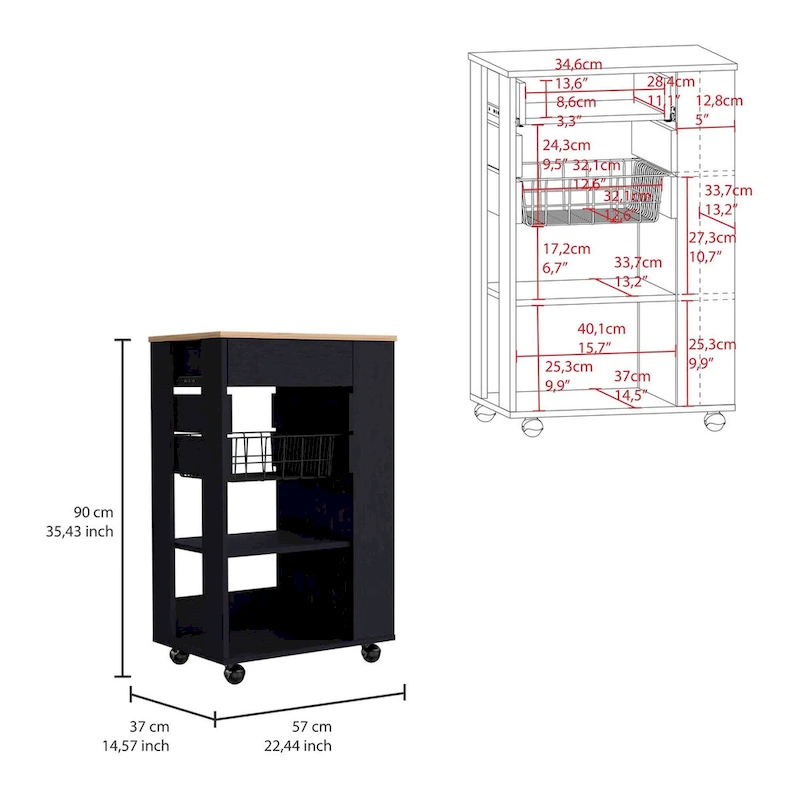 Kitchen Cart, One Drawer, Two Open Shelves, Four Casters -White / Light Oak