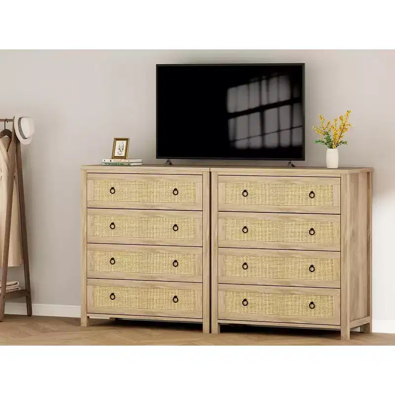 5 Drawer Tall Dresser, Rattan Dresser, 5 Chest of Drawers with Clothes Storage Cabinet, Drawer Organizer for Bedroom, Living Room, Hallway, Oak
