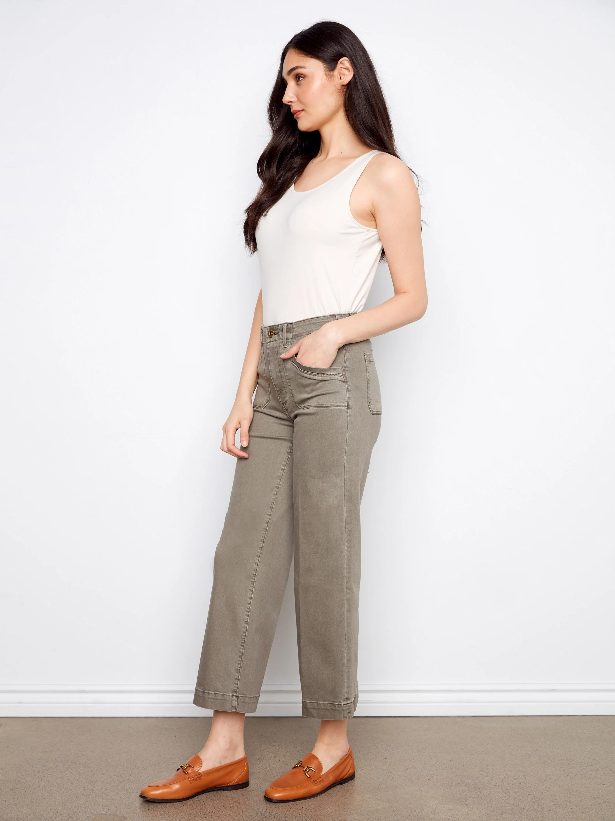 Cropped Wide Leg Stretch Twill Jeans - Sage