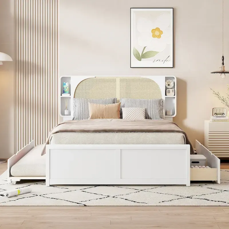 Queen Platform Bed – White, Rattan Headboard, 2 Drawers & Trundle, 4 Headboard Compartments, Sleeps 1