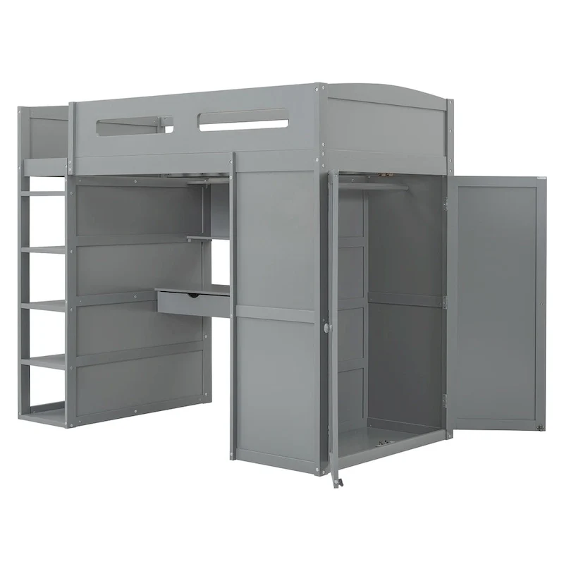 Gray Twin Size Solid Wood Loft Bed with Desk, Wardrobes, and Shelves