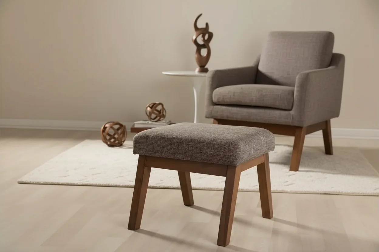 Mid-Century Modern Upholstered Ottoman in Gravel Gray and Walnut Brown